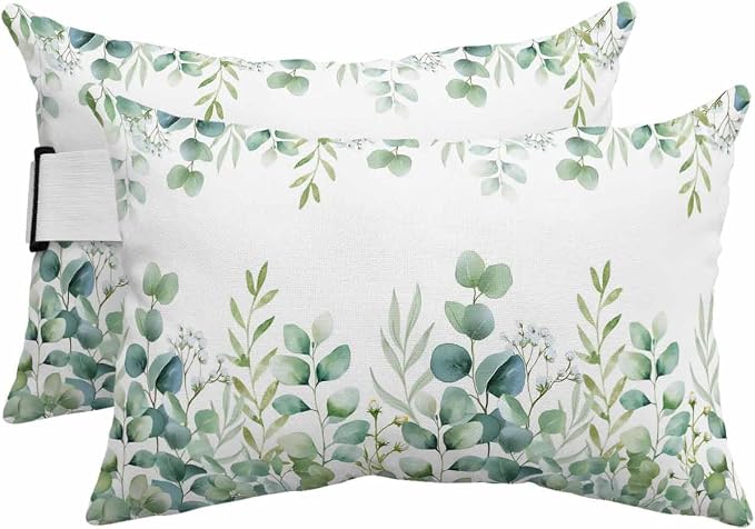 Green Eucalyptus Leaves Outdoor Pillows with Insert 12x20 Inch Watercolor Spring Botanical Waterproof Headrest Pillows with Adjustable Strap Lounger Chair Throw for Patio Furnitures, 2 Pack