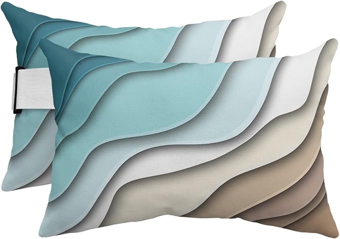 Geometric Ombre Lounge Pillows Outdoor, Aesthetic Turquoise Brown White Gradient Abstract Head Pillow, Modern Waterproof Patio Furniture Lumbar Pillow with Adjustable Elastic Strap for Recliner Beach