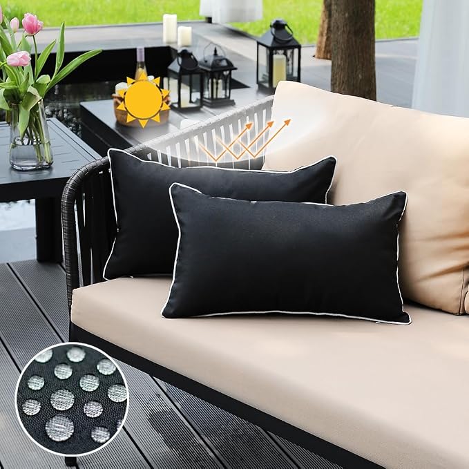 JOJOGOGO Black Outdoor Waterproof Sun Fade Resistant Lumbar Pillow Covers 12x20 Set of 2, Decorative Outdoor Pillows Cushion Covers 12 x 20 for Front Porch Patio Furniture (with White Piping)
