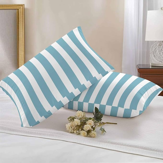 Aqua Striped Outdoor Waterproof Throw Pillow Covers 20x12 Set of 2, Modern Farmhouse Blue White Stripes Decorative Pillowcases Cushion Pillowcase for Couch Sofa Patio Outside Pillow Protector