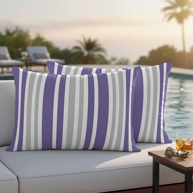 Purple Grey Stripe Outdoor Pillow Covers 20x12 Inch Lumbar Pillow Covers Set of 2 Waterproof Decorative Throw Pillow Cases Farmhouse Minimalist Striped Cushion Covers for Patio Furniture Garden Couch