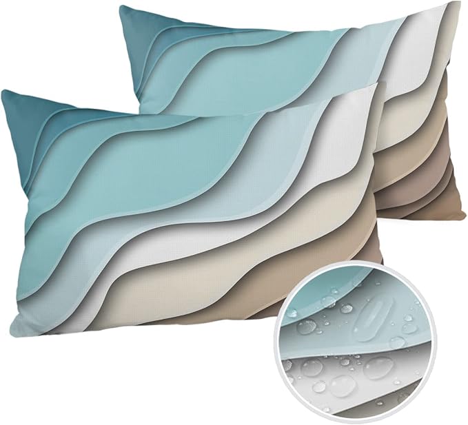 Outdoor Pillows 20x12 Waterproof Outdoor Pillow Covers Ombre Stripes Turquoise Brown Polyester Throw Pillow Covers Garden Cushion Decorative Case for Patio Couch Decoration Set of 2 Abstract Striped