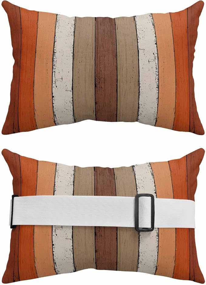 Country Orange Brown Wood Grain Outdoor Pillow for Chaise Lounge Chair,Rustic Wooden Plank Waterproof Headrest Lumbar Pillows with Insert&Elastic Strap for Patio Pool Garden Chairs Decor