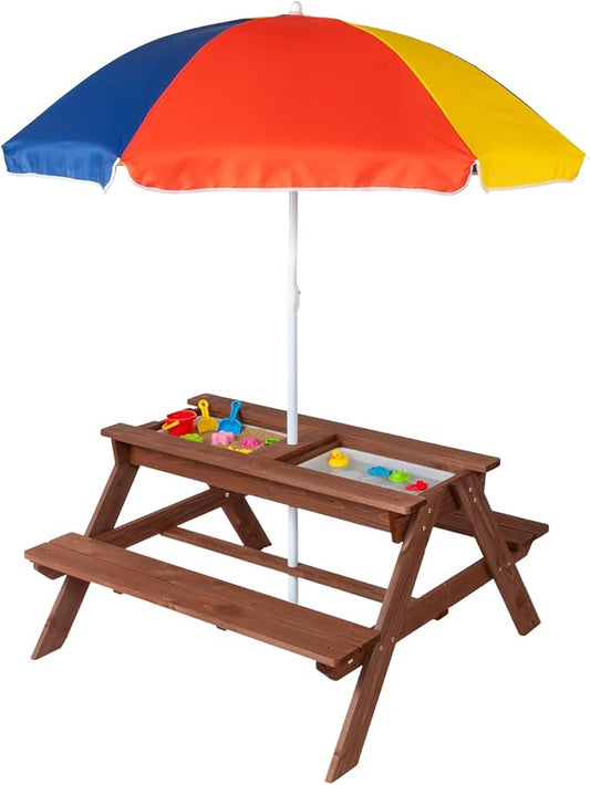 JOYMOR 4-in-1 Kids Picnic Table w/2 Sensory Bins, Cedar Wooden Sand & Water Table with Height Adjustable Umbrella, Wooden Kids Outdoor Picnic Tables for Garden, Backyard, Patio Furniture(Walnut)