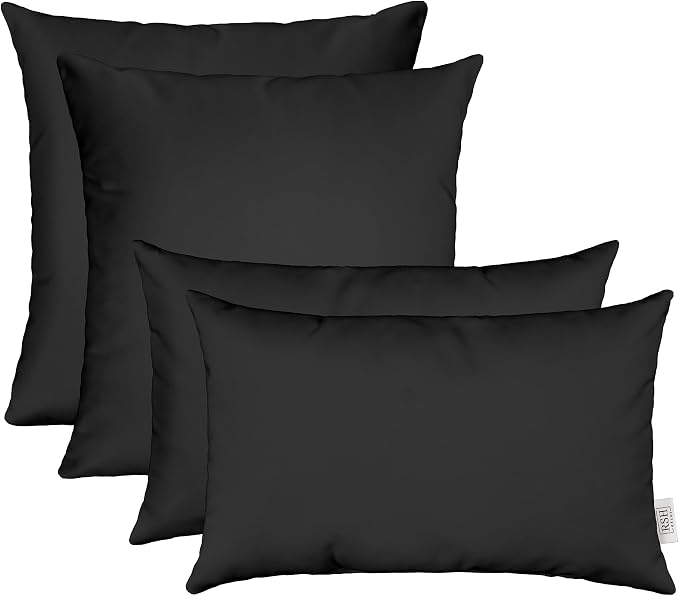RSH DECOR: Sunbrella Lumbar & Square Pillows Set of 4 | 20" x 12" & 17" x 17" | Water and Fade-Resistant Performance Fabric | Outdoor Throw Pillows for Patio Furniture | Canvas Black