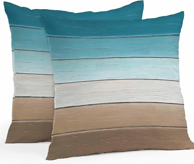 Turquoise Brown Outdoor Pillow Covers 20x20 Inch Throw Pillow Covers Set of 2 Waterproof Decorative Pillow Cases Farmhouse Retro Wooden Grain Striped Cushion Covers for Patio Furniture Garden Couch
