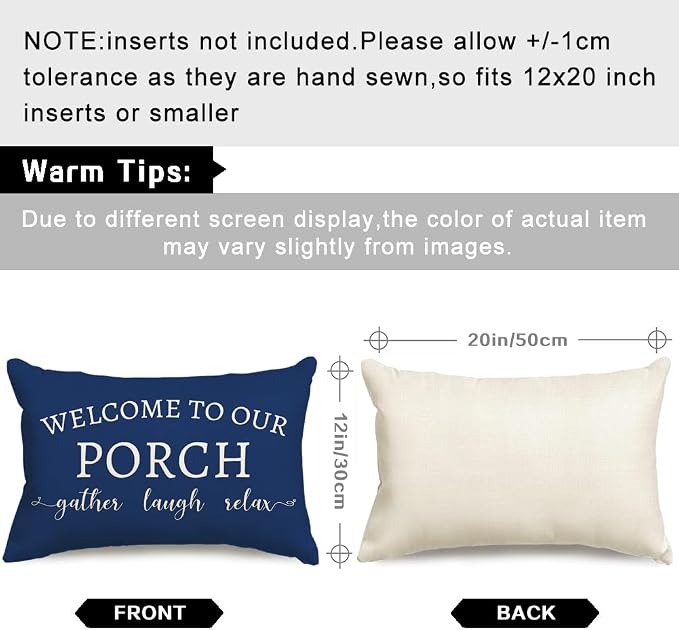 RABUSOFA Welcome to Our Porch Decor Outdoor Pillow Covers Waterproof,12x20 Set of 2 Blue and Cream Stay Awhile Relax Lumbar Cushion Case Decorations for Patio Couch (Blue)