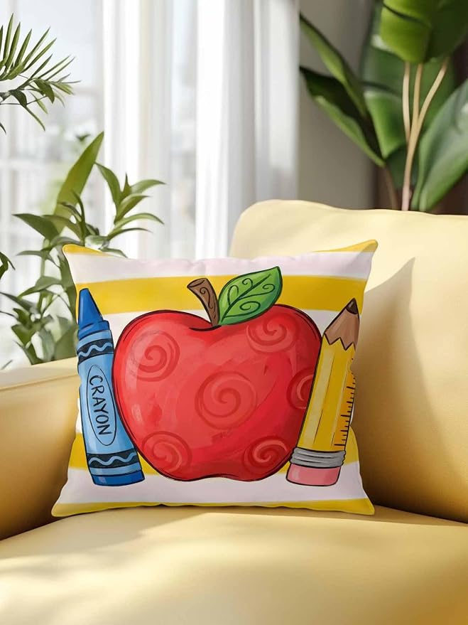 1 Pack Outdoor Throw Pillow, Children's Day Waterproof Pillow with Insert Included, Funny Cartoon Pencil Yellow Striped Decorative Accent Cushion Sofa Pillows for Patio Porch, 18 x 18 in