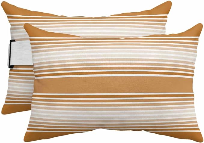Pack of 2 Outdoor Lumbar Pillow Covers 11x16 Inch, Burnt Orange Striped Waterproof Throw Pillow Covers Set, Orange Ombre Farmhouse Stripes Indoor&Outdoor Decorative Cushion Cases for Patio Porch Car