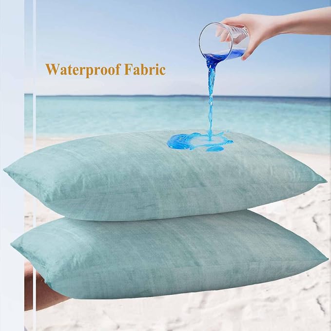 Vandarllin Outdoor Throw Pillows Covers 20x12 inch Set of 2 Waterproof Aqua Linen Decorative Zippered Cushion Covers for Patio Furniture, Solid Color Texture Lumbar Pillowcases