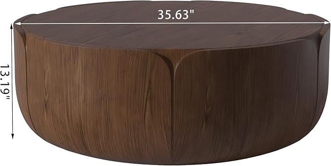 36" Round Outdoor Coffee Table Brown Waterproof Sturdy MGO Wood Texture Grain Drum Center Table for Patio Garden Backyard Living Room, No-Assembly