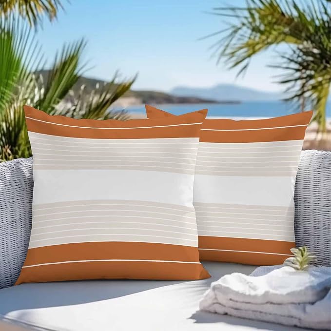 Orange Beige Stripe Outdoor Pillow Covers Waterproof, All Weather Cushion Case Set of 2, Modern Art Horizontal Striped Decorative Pillowcases for Sofa Couch Bed Decor Patio Furniture 16"x16"