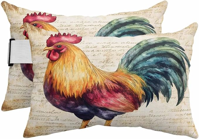 Pack of 2 Outdoor Lumbar Cushions with Inserts, Vintage Rooster Farm Animal Waterproof Fluffy Fade Body Pillows, Patio Furniture Pillow for Home Balcony Garden Decor 12x20IN