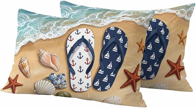 Blue Beige Seaside Outdoor Waterproof Throw Pillow Covers 20x12 Set of 2, Coastal Waves Starfish Summer Beach Nautical Decorative Pillowcases Cushion Pillowcase for Couch Sofa Patio Pillow Protector