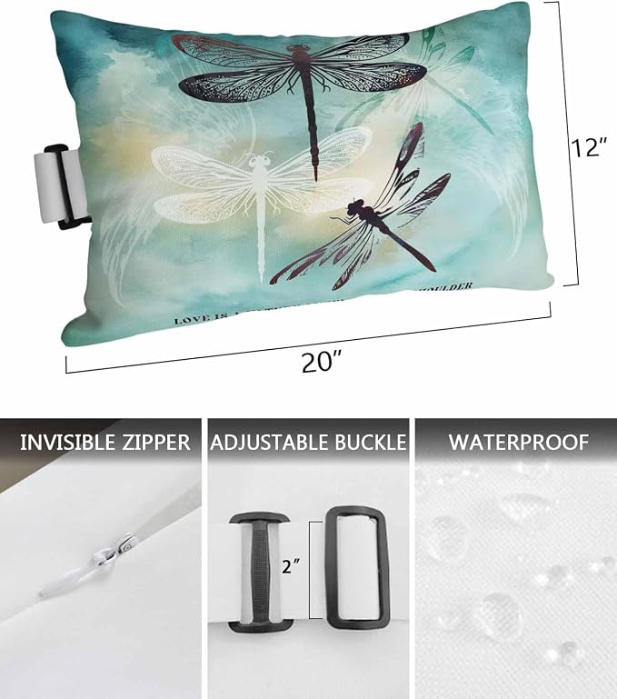 Pack of 2 Outdoor Lumbar Pillow Covers 12x20 Inch, Turquoise Dragonfly Waterproof Throw Pillow Covers Set, Country Gradient Black Animals Indoor&Outdoor Decorative Cushion Cases for Patio Porch Beach