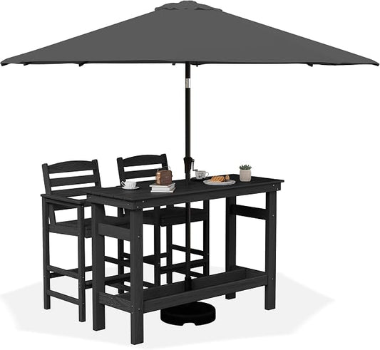 SERWALL Outdoor Bar Set with 9ft Umbrella, All-Weather HDPE Patio Bar Chairs and Table, Outdoor Furniture Set, Black (Umbreall Base not Included)