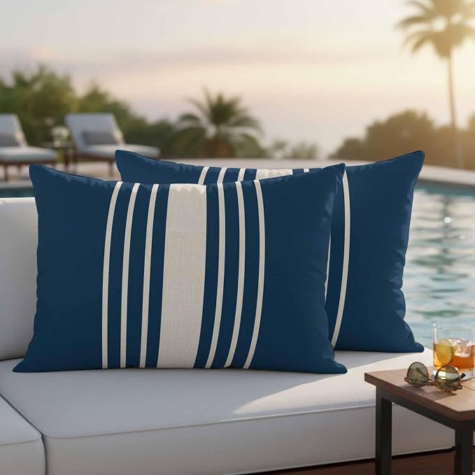 Navy Blue Beige Striped Outdoor Pillow Covers 20x12 Inch Lumbar Pillow Covers Set of 2 Waterproof Decorative Throw Pillow Cases Modern Farmhouse Retro Lines Cushion Covers for Patio Furniture Garden