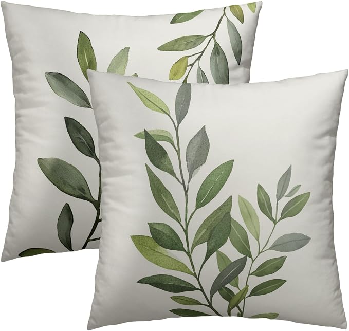 Sage Green Leaves Pillow Covers 20x20 Inch Set of 2, Grey Rustic Plants Leaf Cotton Square Decorative Throw Pillowcases for Bed Sofa Couch Porch Farmhouse Cottage Home Decor