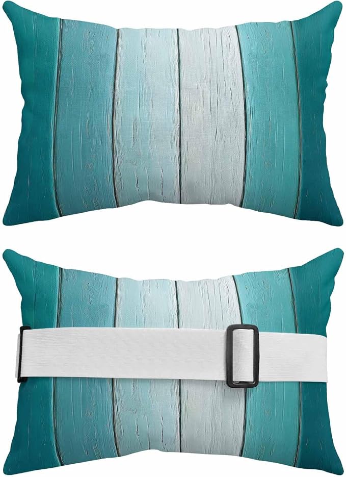Aqua Ombre Outdoor Pillows for Chaise Lounge Chair Beach Headrest Pillow Set of 2 Waterproof Lumbar Pillows with Insert&Strap Vintage Country Wooden Recliner Neck Pillow for Patio Pool 12"x20"