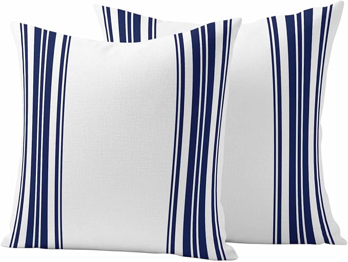 Outdoor Waterproof Throw Pillow Covers Set of 2 Navy Blue Stripes Pillowcases 24x24 Inches White Vertical Striped Decorative Pillows Cushion Case Patio Pillows for Couch Bed Chair Garden