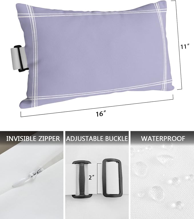 Outdoor Pillows Covers with Inserts Solid Color Medium Purple Waterproof Recliner Pillow with Adjustable Strap Throw Pillows for Patio Furniture Pool Lounge Chair, 11x16 inch, 1PCS