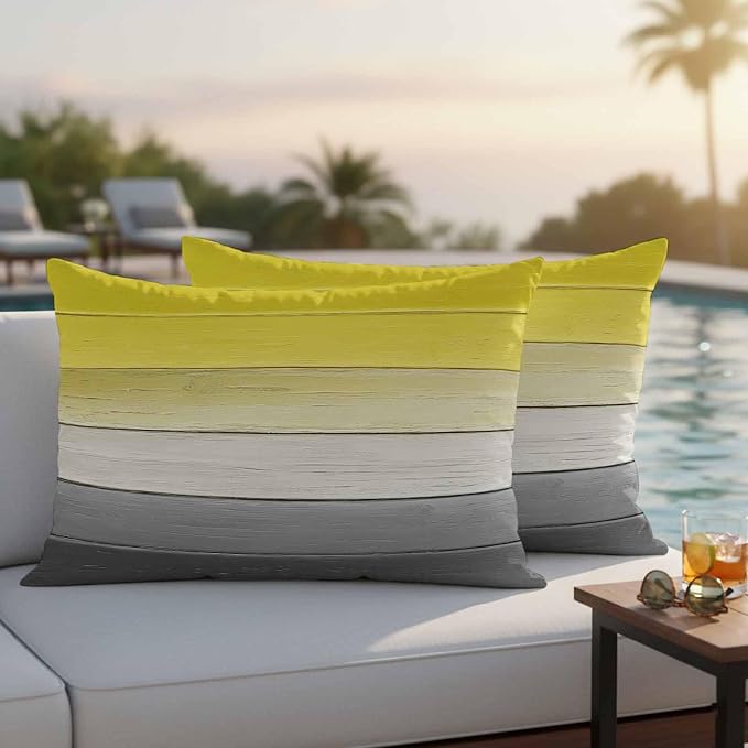 Yellow Gray Outdoor Pillow Covers 20x12 Inch Lumbar Pillow Covers Set of 2 Waterproof Decorative Throw Pillow Cases Country Vintage Abstract Gradient Wooden Cushion Covers for Patio Furniture Garden