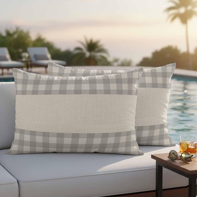 Retro Grey Outdoor Waterproof Pillow Covers, Farmhouse Buffalo Plaid Vintage Beige Decorative Rectangle Throw Pillowcase Sofa Cushion Sham for Patio/Couch/Chair, 20"x12" 2 Pack