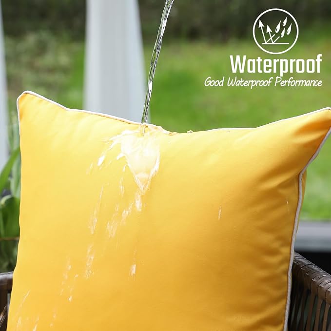 JOJOGOGO Yellow Outdoor Pillows Waterproof Throw Pillow Covers 18x18 Set of 2, Summer Yellow Outdoor Patio Decor Pillows, Porch Sunproof Pillow Covers 18 x 18 for Patio Furniture (with White Piping)