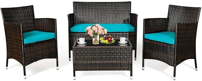 HAPPYGRILL 4-Piece Patio Furniture Set Rattan Wicker Conversation Set with Cushioned Sofa and Coffee Table for Outdoor Backyard Garden Poolside