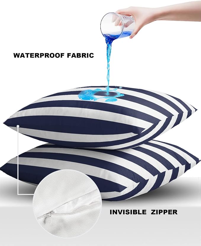 Outdoor Waterproof Pillow Covers for Patio Furniture Solid Nautical Striped Decorative Throw Pillow Cover Navy Blue Pillowcases Set of 2 Cushion Case for Sofa Couch Chair Home Decor 24 x 24 Inches