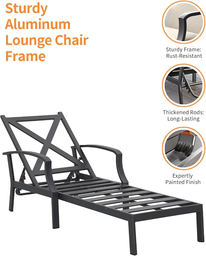 2 Pieces Lounge Chair Set, Outdoor Chaise Lounge Set, Never-Rust Aluminum Pool Lounge Set with Gray Cushion, 6-Position Adjustable Patio Chaise with Outdoor Side Table for Poolside, Gunmetal