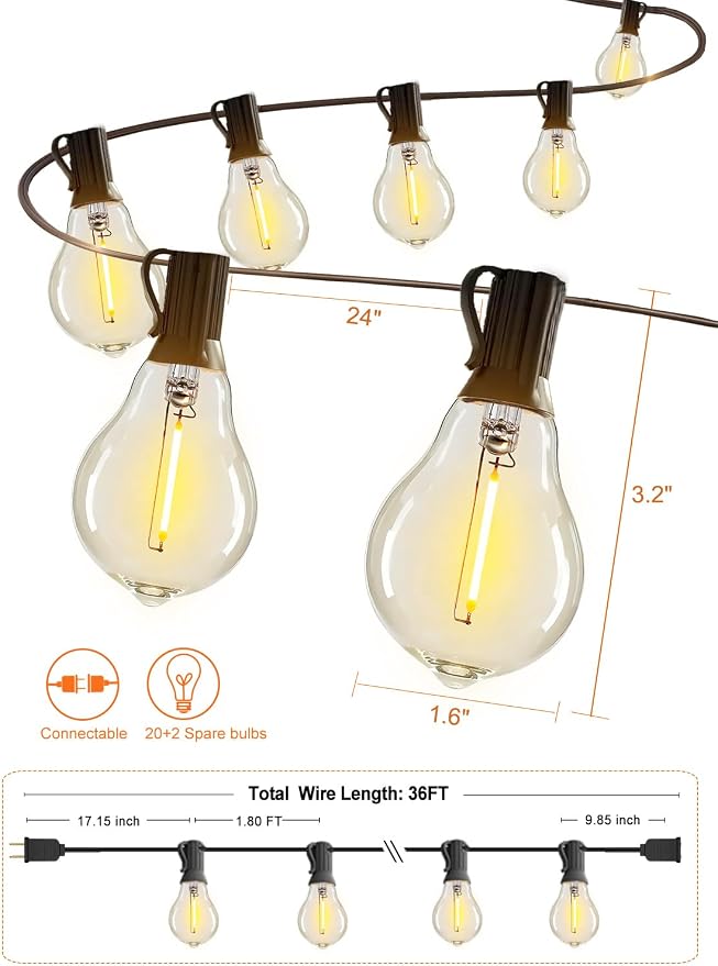 Outdoor String Lights 36FT Patio Light Waterproof for Backyard Porch Bistro | 1.8FT Bulbs Spacing,36 FT Connectable Outside Lights with 22 Shatterproof Dimmable A39 LED Bulbs for Garden Balcony Party