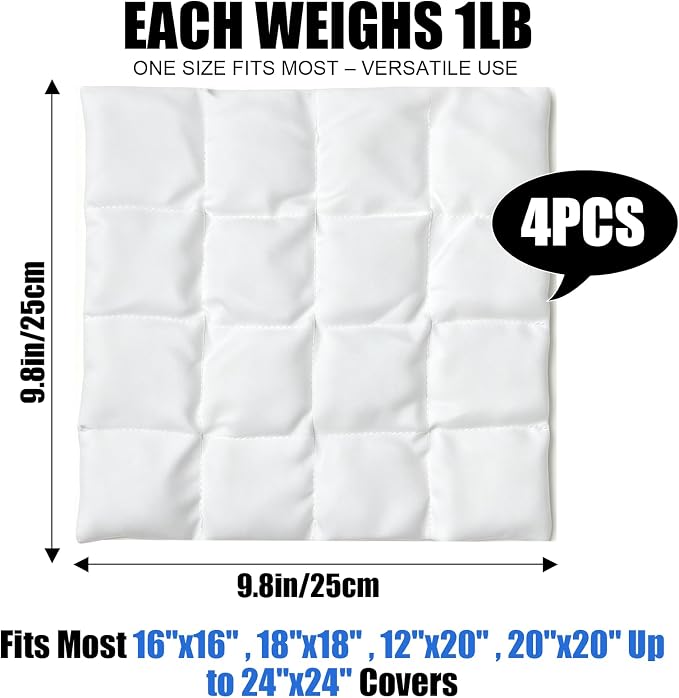 Hidden Weighted Outdoor Pillow Insert, Glass Beads, 9.8" x 9.8" (4, White) | Weighted Pillow Inserts for Outdoor Cushions, 1lb Glass Beads, Soft & Noiseless. Keeps Patio Pillows in Place. Weatherproof.