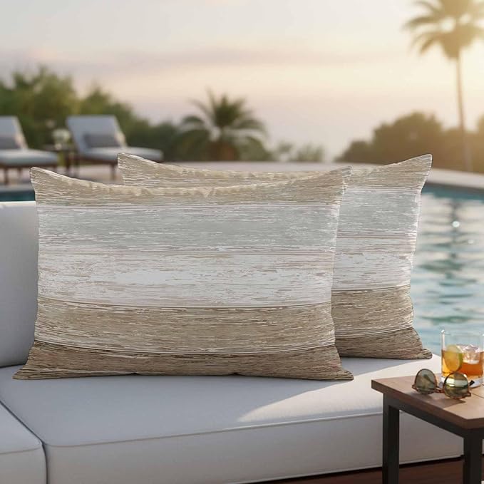 Outdoor Waterproof Throw Pillow Covers, Vintage Brown Grey Decorative Pillow Cases, Farmhouse Barn Wooden Striped Couch Pillow Protector Patio Sofa Cushion Covers Replacement 20"x12" 2 Pack