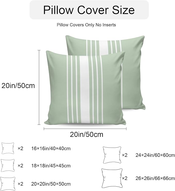 Sage Green White Stripe Outdoor Pillow Covers 20x20 Inch Throw Pillow Covers Set of 2 Waterproof Decorative Pillow Cases Modern Rustic Vertical Striped Cushion Covers for Patio Furniture Garden Couch