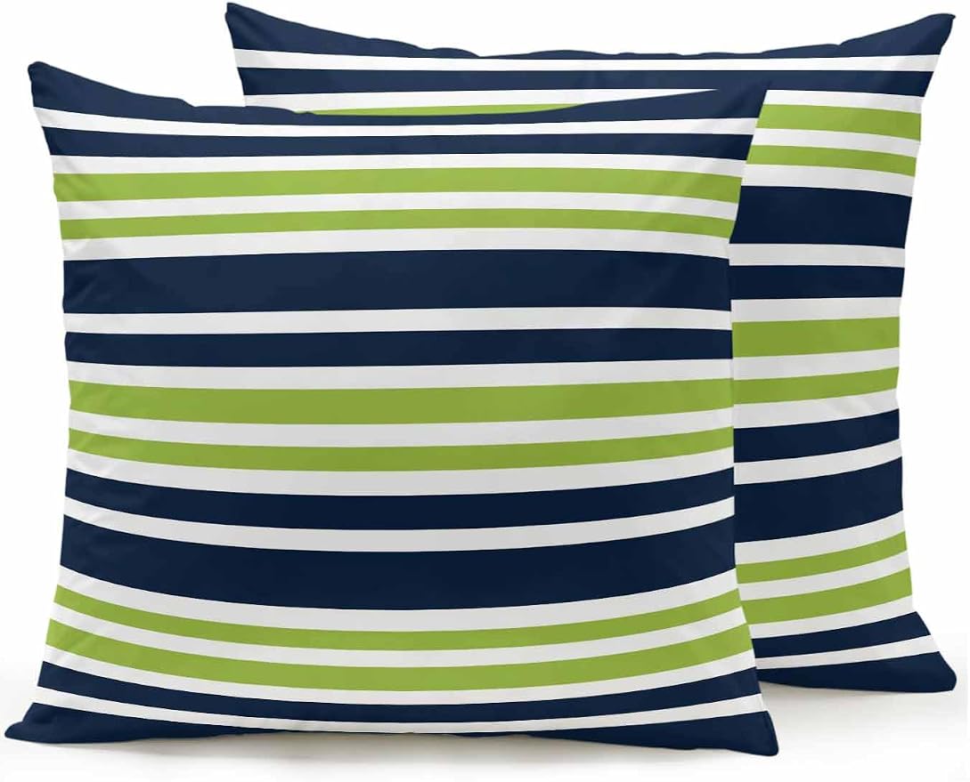Outdoor Waterproof Throw Pillows Navy Blue Green Stripe Patio Pillows Pack of 2,Decorative Pillow Covers with Insert,Pillow Cushion Case for Garden Couch Sofa White Line