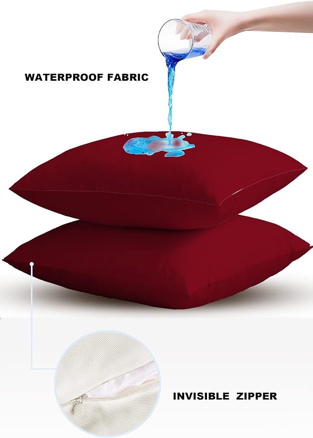 Outdoor Throw Pillow Cover Burgundy Red Simple Solid Color Waterproof Cushion Covers 2 Pack Minimalist Art Dark Maroon Pillow Cases Home Decoration for Patio Garden Couch Sofa