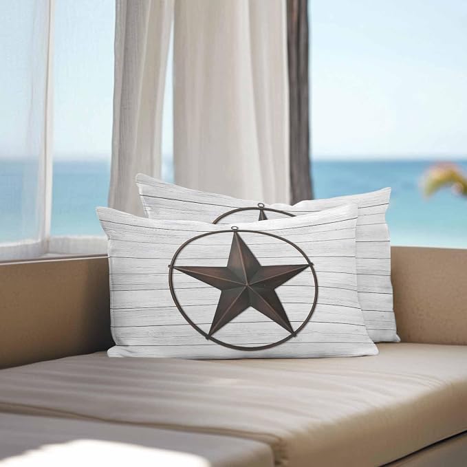 Outdoor Waterproof Pillow Covers for Patio Furniture Western Texas Barn Stars Decorative Throw Pillow Cover Rustic Wooden Pillowcases Set of 2 Cushion Case for Sofa Couch Chair Home Decor 20 x 12 Inch