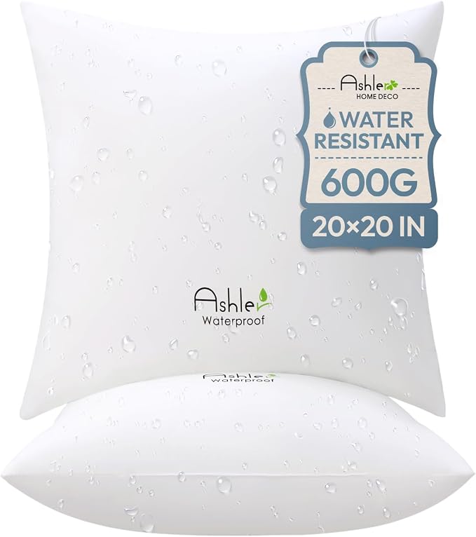 Ashle 20 X 20 Pack of 2 Outdoor Pillows, Water-Resistant Pillow Inserts | Water Resistant, Hypoallergenic, Patio Furniture Pillows Decorative for Garden, Sham Square Pillow Insert