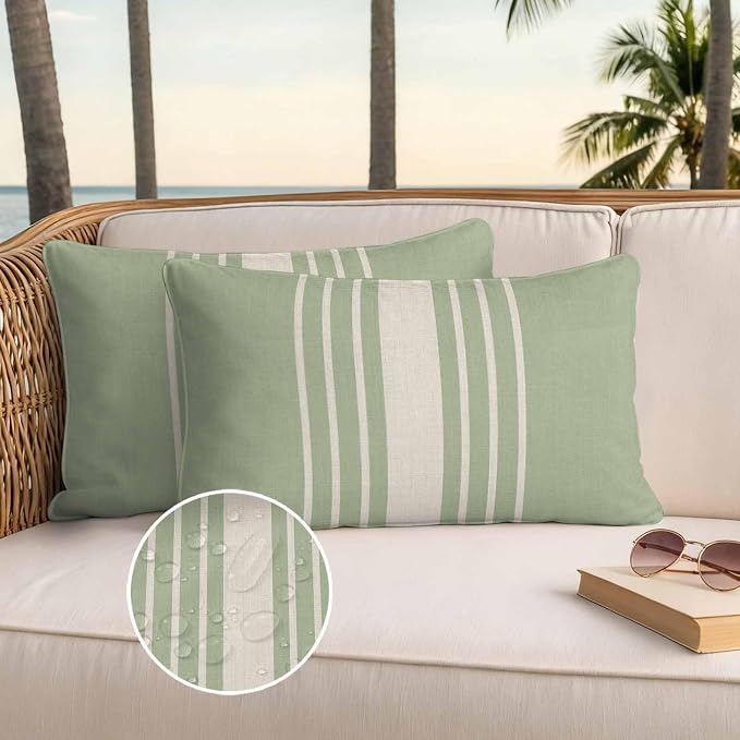 Lumbar Pillow Covers 20x12 Inch Set of 2, Sage Green Beige Striped Waterproof Outdoor Cushion Covers, Modern Farmhouse Retro Lines Decorative Pillowcases for Couch, Sofa, Bed, Garden, Patio