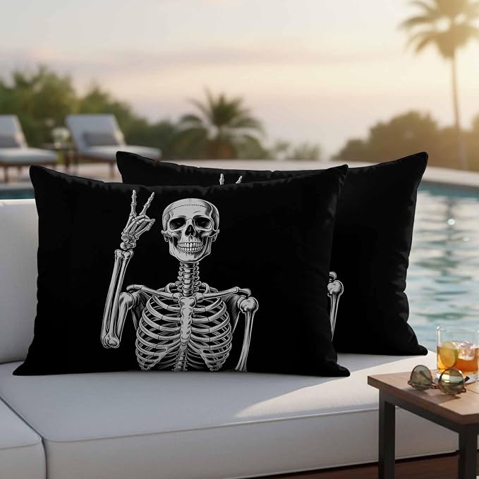 Halloween Skeleton Outdoor Pillow Covers 20x12 Inch Lumbar Pillow Covers Set of 2 Waterproof Decorative Throw Pillow Cases Retro Funny Skull Abstract Black Cushion Covers for Patio Furniture Garden