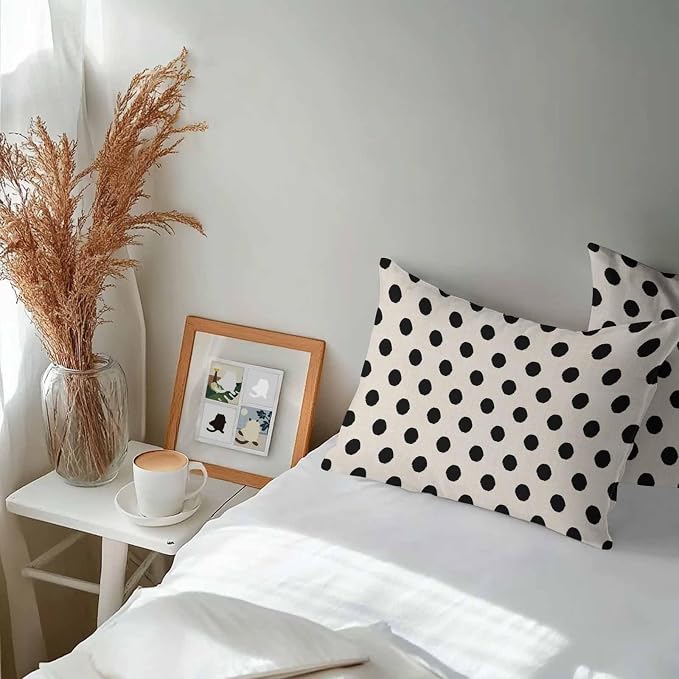 Outdoor Waterproof Throw Pillow Covers Set of 2 Black White Polka Dots Lumbar Pillowcases 20x12 Inches Cute Solid Color Linen Decorative Pillows Cushion Case Patio Pillows for Couch Bed Chair Garden