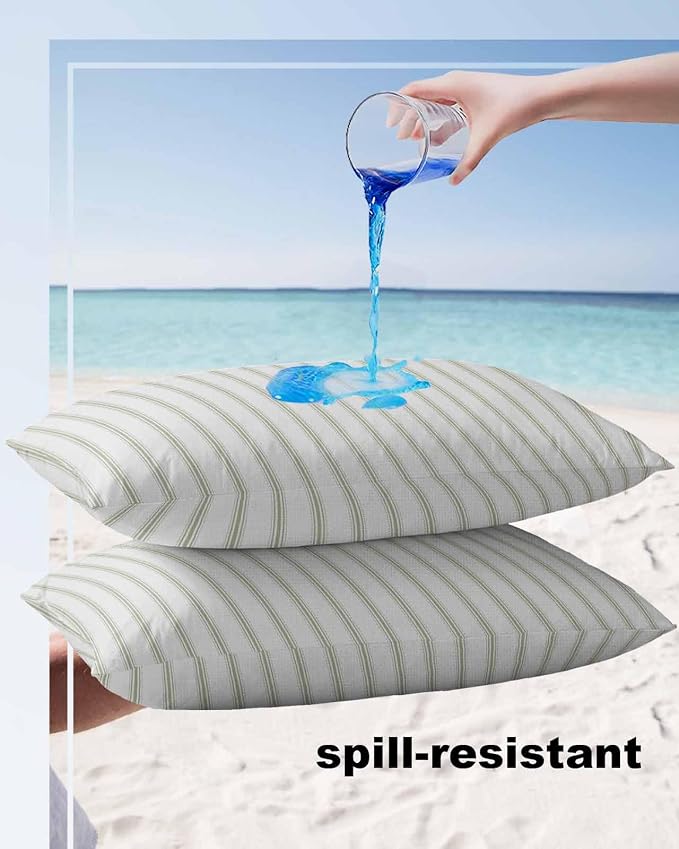 Outdoor Waterproof Throw Pillow Covers Set of 2 Sage Green Stripes Lumbar Pillowcases 20x12 Inches Vertical Striped Patio Decorative Pillows Cushion Case Patio Pillows for Couch Bed Chair Garden