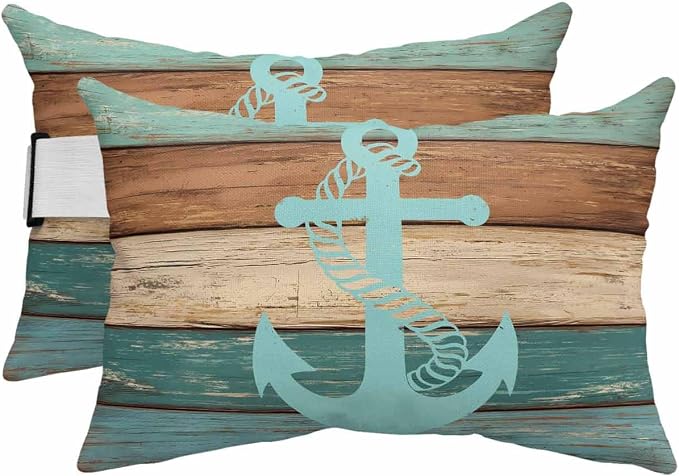 Pack of 2 Outdoor Lumbar Cushions with Inserts, Retro Gradient Anchor Farm Wood Grain Waterproof Fluffy Fade Body Pillows, Patio Furniture Pillow for Home Balcony Garden Decor 11x16IN