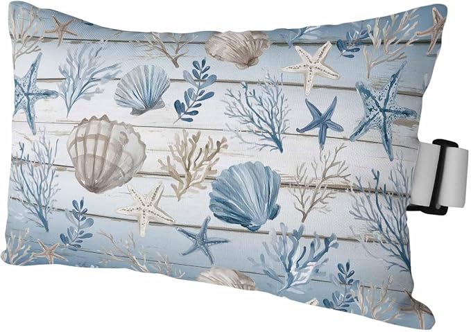 Blue Coastal Outdoor Pillows with Insert 11x16 Inch Summer Starfish Shell Coral Nautical Wood Grain Waterproof Headrest Pillows with Adjustable Strap Lounger Chair Throw for Patio Furnitures , 1 Pack