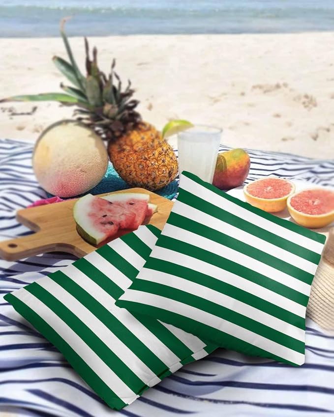 Outdoor Pillow Covers Set of 2, Green White Geometric Striped Decorative Waterproof Throw Pillowcase Xmas Color Striped Cotton Linen Soft Cozy Cushion Cover Pillowsham 16x16In
