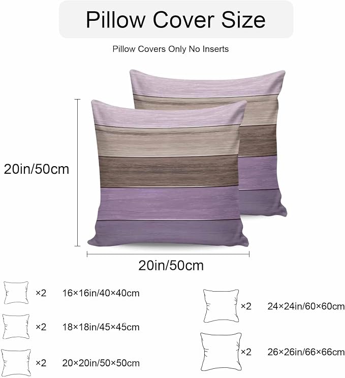 Outdoor Throw Pillow Covers 18X18 Set of 2 Waterproof Ombre Lavender Purple Brown Decorative Zippered Cushion Covers for Patio Furniture, Farmhouse Retro Rustic Barn Wood Texture Lumbar Pillowcases