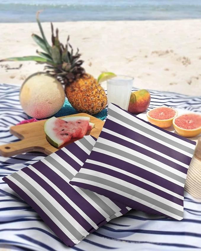 Outdoor Waterproof Throw Pillow Covers Set of 2 Grey Purple Stripes Decorative Outdoor Pillows Cushion Case 16x16 Inch Classic Striped Patio Pillows for Couch Sofa Bed Garden Office Home Decor