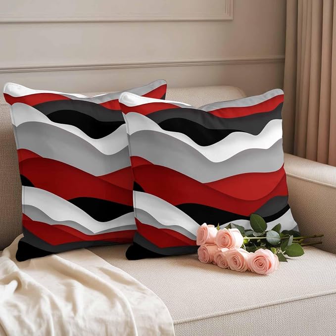 Ocean Waves Outdoor Waterproof Throw Pillow Covers Set of 2, 18"x18", Black Red Wave Gradient Decorative Pillow Covers Outside Cushion Case for Patio Porch Garden