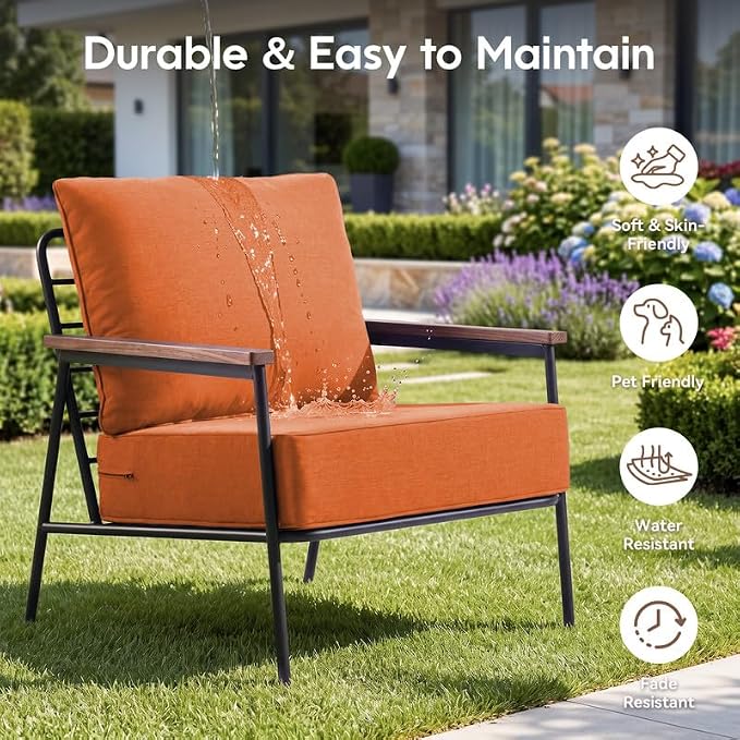 Luxury 22*24*6in Outdoor Patio Cushions, 1 Piece Orange Outdoor Cushion | 6'' Thick Outdoor Cushions, Water-Resistant, Reversible, Removable Cover, for Patio Chairs Sofa Couch Loveseat